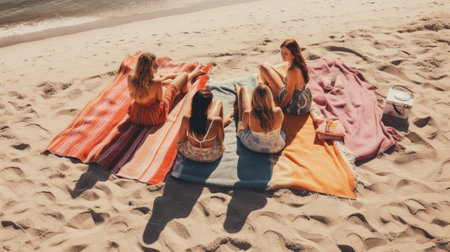 Great tan Top view of attractive young women smiling and sunbathing while resting in outdoor chairs on the beach : Generative AIの素材