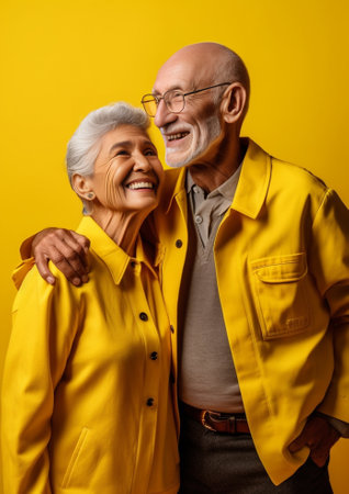 Happy senior couple smiling while standing together against orange background : Generative AIの素材