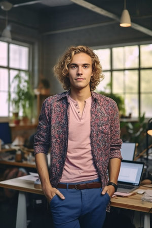Handsome and confident Handsome young man in casual clothes keeping arms crossed and looking at camera while leaning on the desk at his working place in creative office : Generative AIの素材