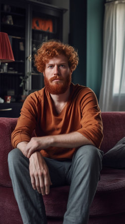 Handsome redhead man holding hands behind head while relaxing on the couch at home : Generative AIの素材