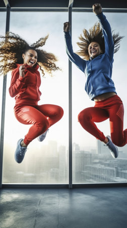Full length of two athletes in sports clothing hovering in long jump while practicing outdoors : Generative AIの素材