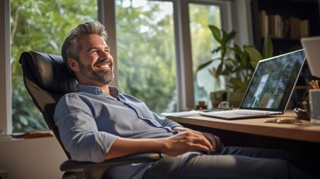 Happy mature man in smart casual wear holding legs on desk while taking a break in the office : Generative AIの素材