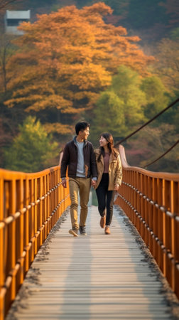 Happy to be around Beautiful young couple holding hands and smiling while walking on the suspension bridge : Generative AIの素材