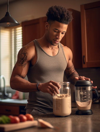Happy young man preparing protein drink while standing at the kitchen : Generative AIの素材