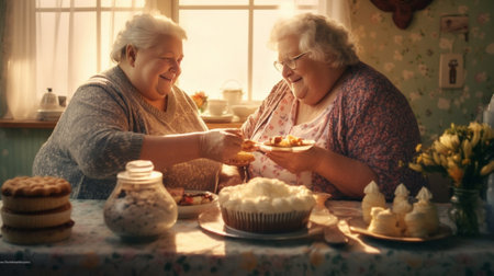 Happy senior mother and her adult daughter enjoying hot drinks and sweet food at the kitchen : Generative AIの素材