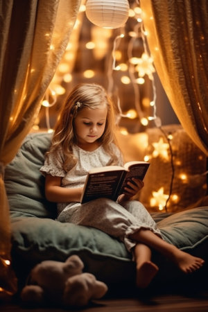 Cute little girl reading a book while lying in the tent at home : Generative AIの素材