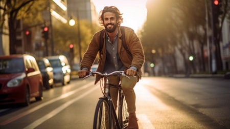 Enjoying his ride Confident young bearded man looking forward while riding on his bicycle along the street : Generative AIの素材