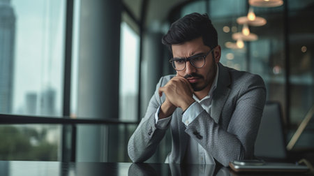 Crush Frustrated young businessman in formalwear keeping head in hands while sitting in the office : Generative AIの素材