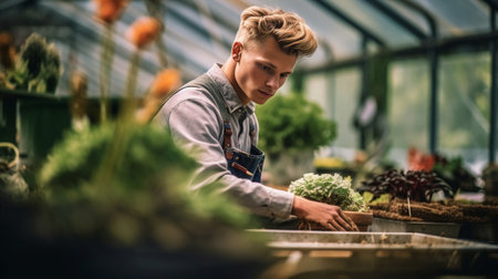 Everything fo your gardening needs Handsome young man in apron working with potted plant while standing in small garden center : Generative AIの素材