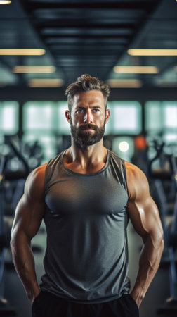 Cycling hard Young handsome man in sportswear looking away while cycling at gym : Generative AIの素材