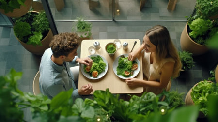 Enjoying dinner on fresh air Top view of happy young loving couple enjoying meal together while sitting at the dining table outdoors : Generative AIの素材