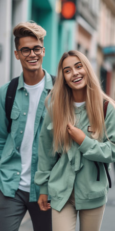 Enjoying their free time together Happy young man carrying his beautiful girlfriend on shoulders and looking at camera while walking by the street : Generative AIの素材