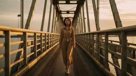 Follow me Beautiful young smiling woman holding hands with her boyfriend while walking on the suspension bridge : Generative AIの素材