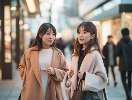 Friendly talk Side view of two beautiful young women talking while carrying shopping bags and standing outdoors : Generative AIの素材