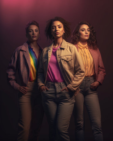 Femininity Full length of three attractive mixed race women looking at camera while standing against brown background : Generative AIの素材