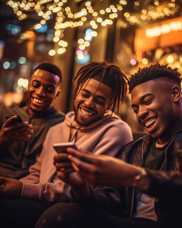 Friends having fun Three happy young men in casual wear drinking beer in pub while one of them pointing smart phone and smiling : Generative AIの素材