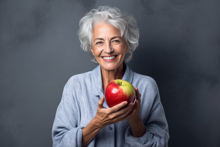 Eat healthy Cheerful mature doctor in giving a green apple to you and smiling while standing against grey background : Generative AIの素材