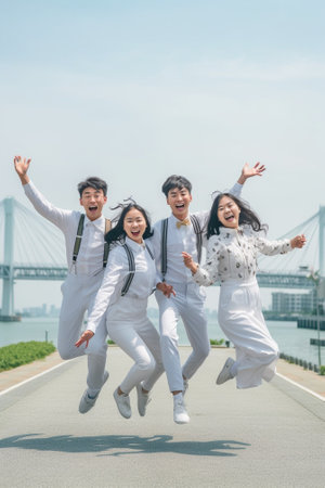 Feels like flying Full length of young people in casual wear smiling and holding sparkers while jumping on the pier : Generative AIの素材