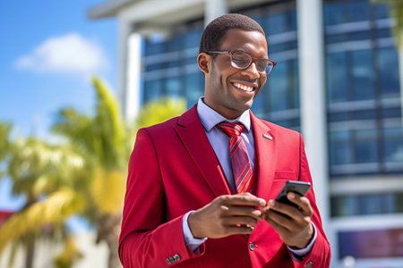 Good business talk Happy young African man in formal wear talking on the mobile phone and smiling while standing outdoors : Generative AIの素材