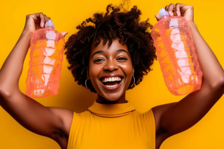 Fashionable African woman holding bottle with sparkling wine and smiling against colorful background : Generative AIの素材