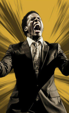 Furious businessman Furious young African man in shirt and tie holding mobile phone and shouting while standing against grey background : Generative AIの素材