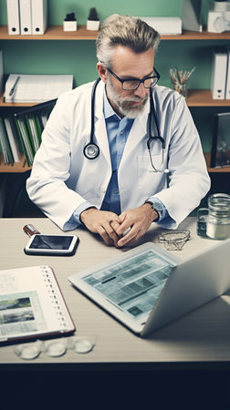 General practitioner Mature grey hair doctor working on laptop while sitting at his working place : Generative AIの素材