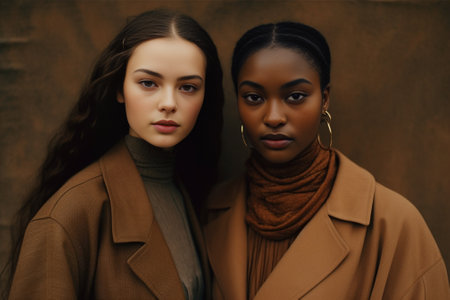 Feeling free to express sensuality Two attractive mixed race women looking at camera while sitting back to back against brown background : Generative AIの素材