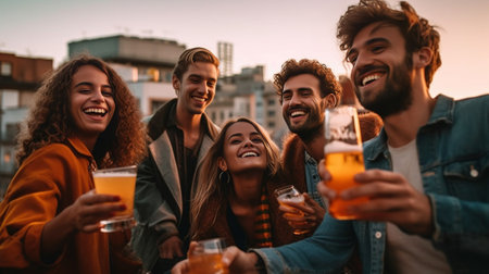 Friends and beer Four young cheerful people cheering with beer and smiling while sitting at the bean bags on the roof of the building : Generative AIの素材