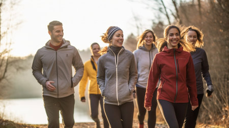 Group of young people in sports clothing walking together outdoors : Generative AIの素材