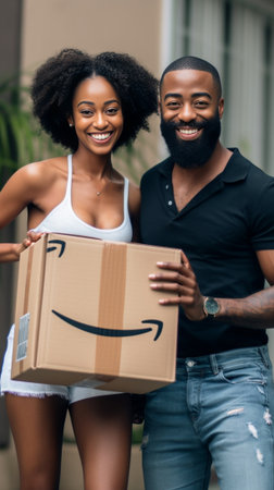 First class delivery service Beautiful young woman holding a cardboard box while young delivery manholding clipboard and smiling : Generative AIの素材
