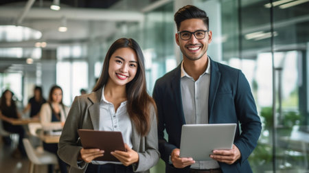 Happy to be a part of team Confident young woman holding digital tablet and smiling while man standing in the background and pointing whiteboard : Generative AIの素材