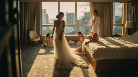 Getting ready for her big day Full length of bridesmaids helping bride with her wedding dress while standing near the window together : Generative AIの素材