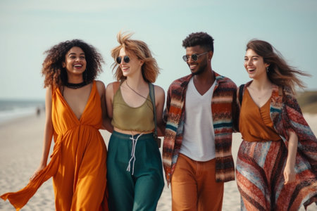Group of cheerful young friends bonding and smiling while walking by the beach together : Generative AIの素材