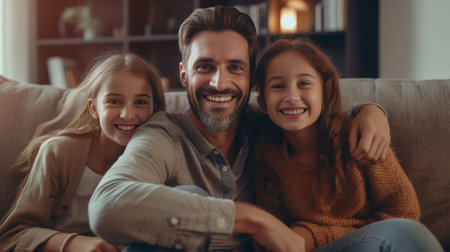Happy young family smiling and looking at camera while bonding together at home : Generative AIの素材