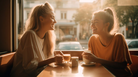 Happy friends in restaurant Two young women having fun while drinking coffee at the restaurant : Generative AIの素材