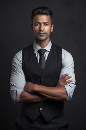 Handsome Indian businessman adjusting his sleeve against black and white background : Generative AIの素材