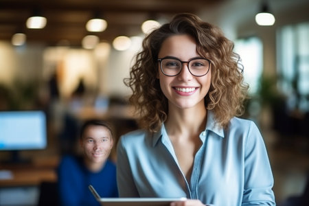 Copy space on her digital tablet Confident young businesswoman in casual wear holding digital tablet and smiling while her colleagues talking on the background : Generative AIの素材