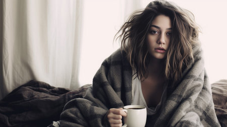 Dreamful woman looking out of a blanket and holding coffee cup while lying in bed at home : Generative AIの素材