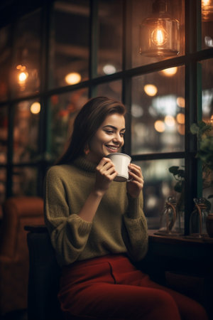 Enjoying her coffee break Through a glass shot of beautiful young smiling woman enjoying coffee in cafe : Generative AIの素材