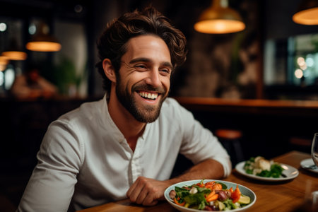 Enjoying meal at the restaurant Handsome young man eating salad and smiling while sitting at the restaurant : Generative AIの素材