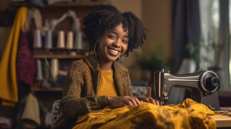 Creating new fashionable styles Cheerful young woman sewing while sitting at her working place in fashion workshop : Generative AIの素材
