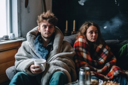 Dreamful young couple enjoying hot drinks and pointing away while sitting on the floor at home : Generative AIの素材