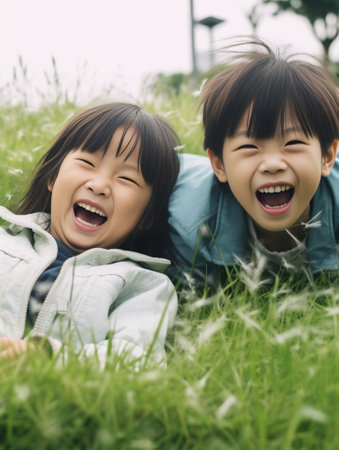 Enjoying summer time Top view of two cute little children holding hands behind head and looking at each other with smile while lying on the green grass together : Generative AIの素材