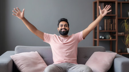 Excited redhead man holding smart phone and gesturing while sitting on the couch at home : Generative AIの素材