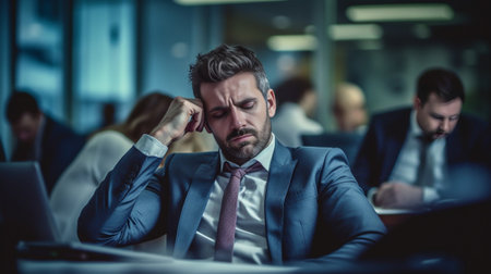 Feeling tired Closeup of frustrated young handsome man looking exhausted while sitting at his working place at the meeting with his coworkers : Generative AIの素材