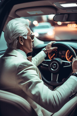 Feeling confident in his new car Rear view of confident senior man in formalwear sitting on drivers place in car and looking at mirror : Generative AIの素材