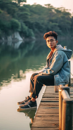 Good talk Side view of handsome young man talking on the mobile phone and smiling while sitting at the riverbank : Generative AIの素材