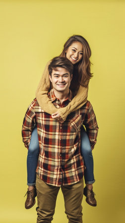 Happy loving couple Happy young man piggybacking his girlfriend while keeping arms outstretched : Generative AIの素材