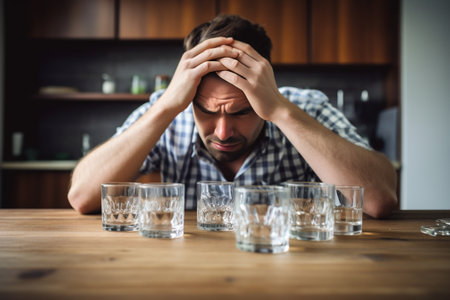 Forgetting his problems Young man sitting at the table with empty bottle on it and keeping eyes closed : Generative AIの素材