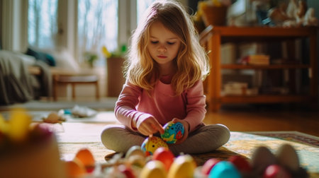 Happy little girl carrying basket with Easter eggs while sitting on the floor with decoration in the background : Generative AIの素材